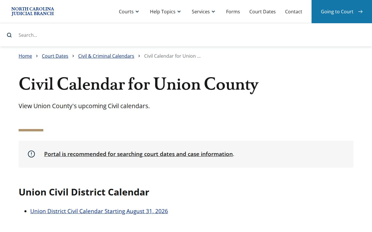 Union County civil docket calendar session listing