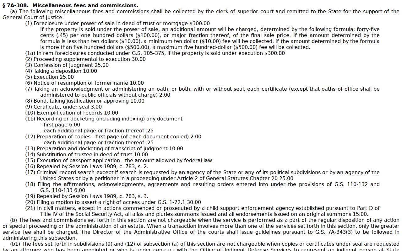 North Carolina General Statutes page for G.S. 7A-308 court copy and certification fees