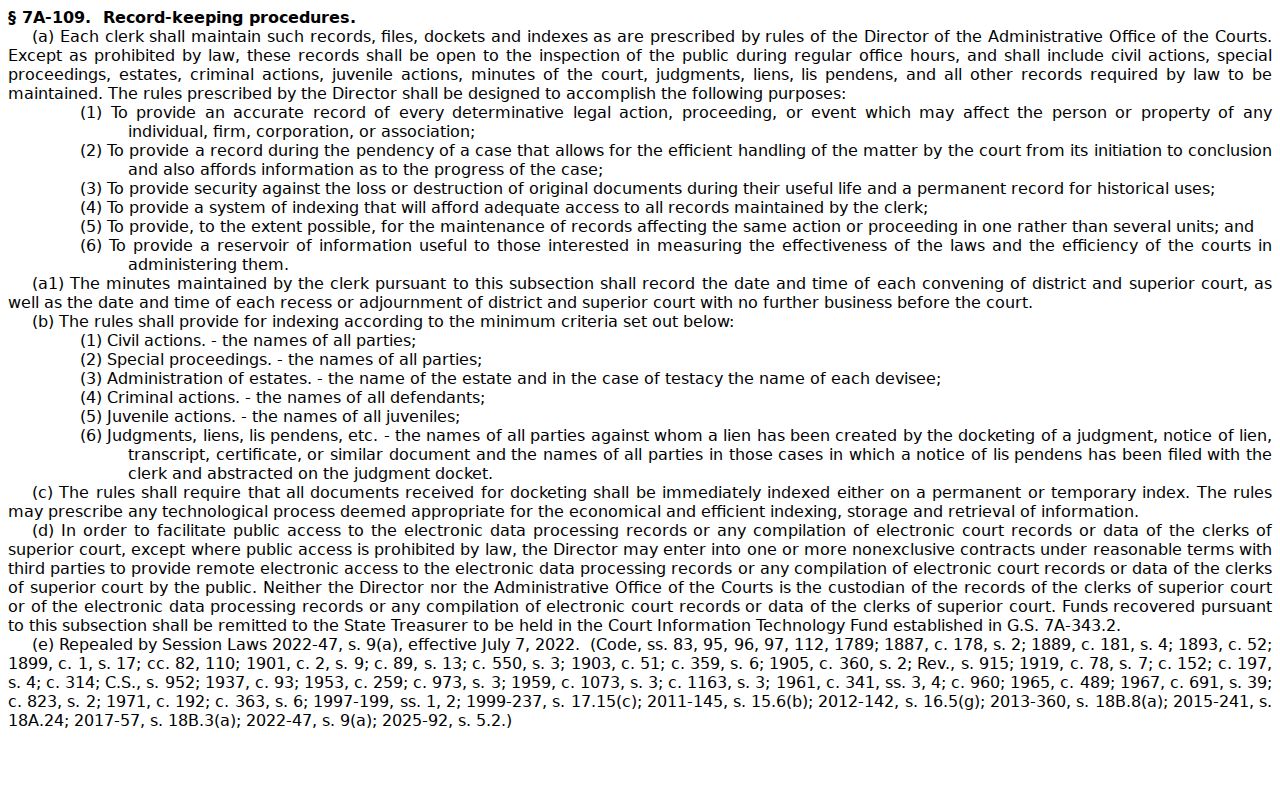 North Carolina General Statutes page for G.S. 7A-109 on clerk court records and public inspection
