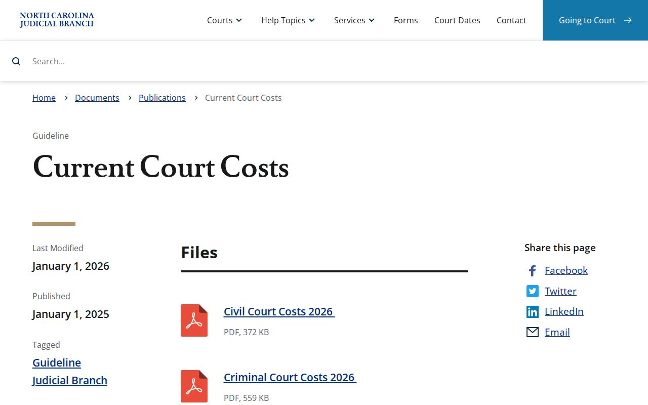North Carolina Judicial Branch current court costs publication index