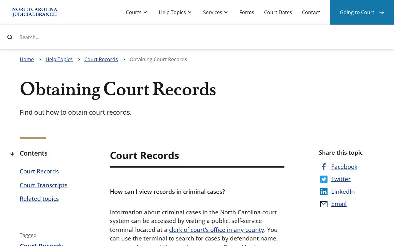 North Carolina court records instructions describing local clerk, terminal, copy, and recording access routes