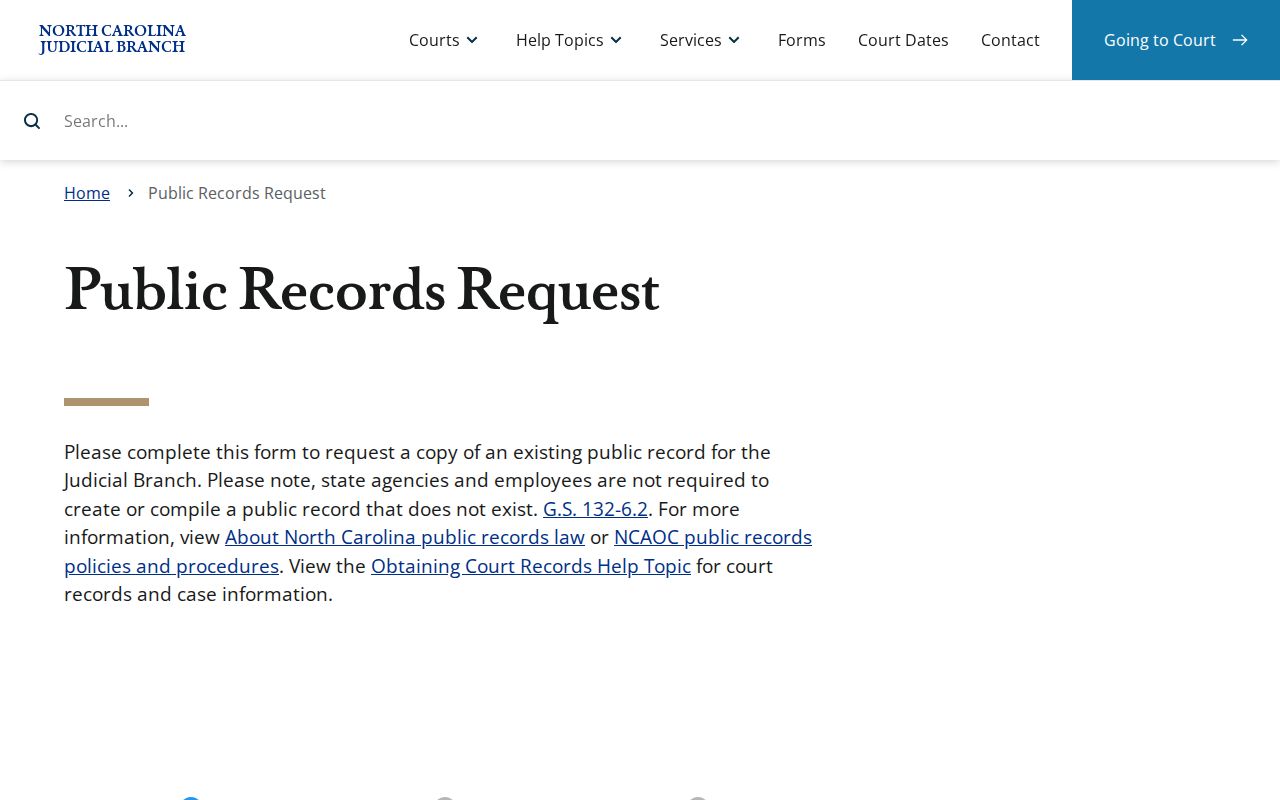 North Carolina AOC public-records request form for administrative records rather than local case files