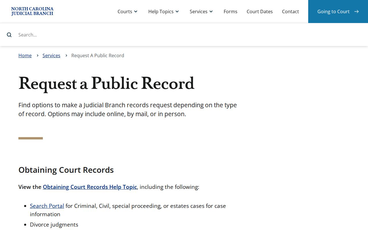 North Carolina Judicial Branch request-a-public-record service information