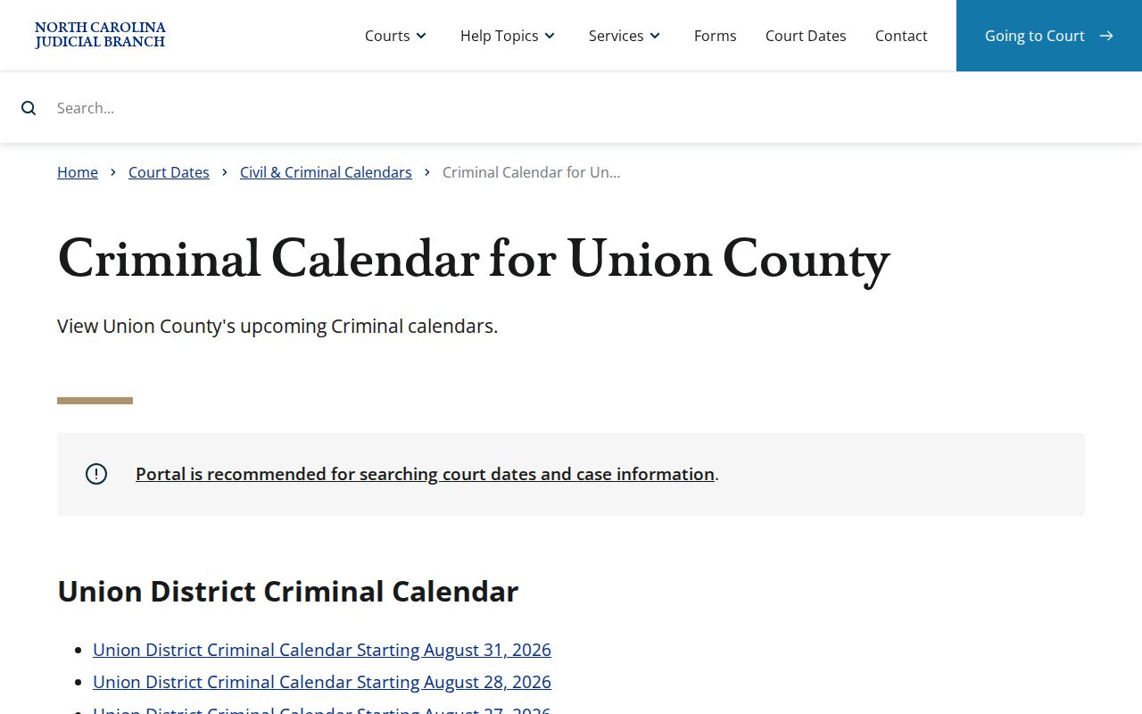 Union County criminal docket calendar landing view