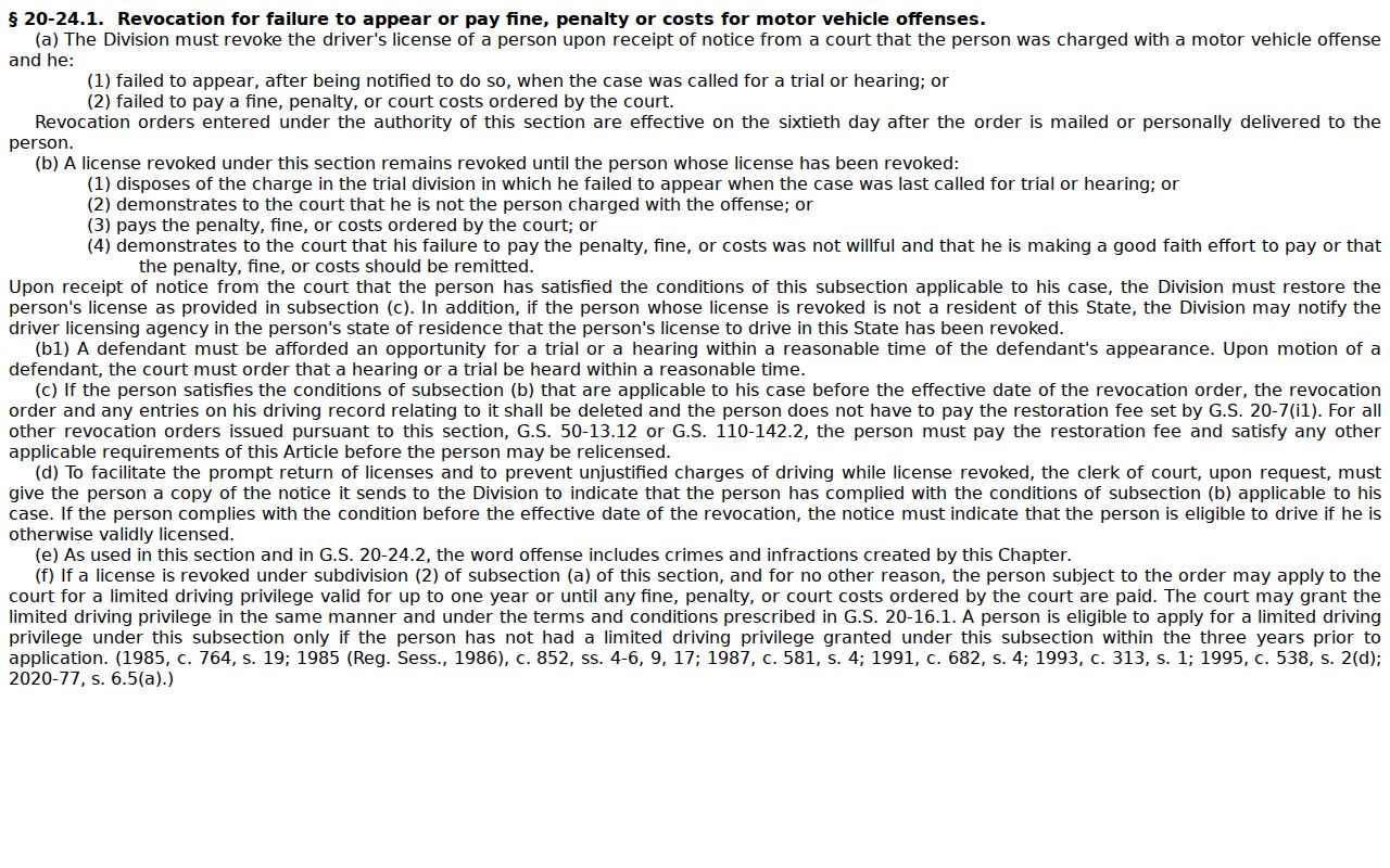 North Carolina General Statutes page for G.S. 20-24.1 on failure to appear or pay