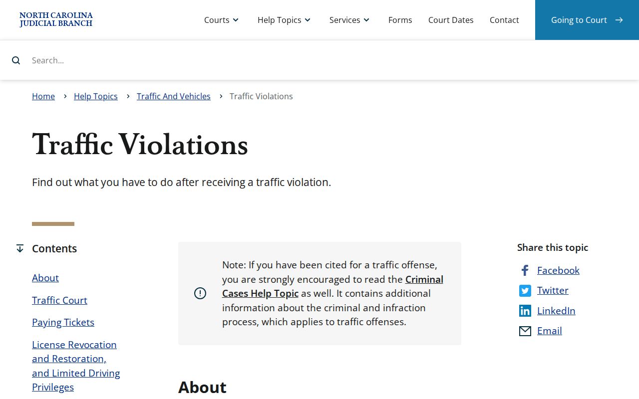 North Carolina traffic violations information explaining court dates and eligible ticket response options