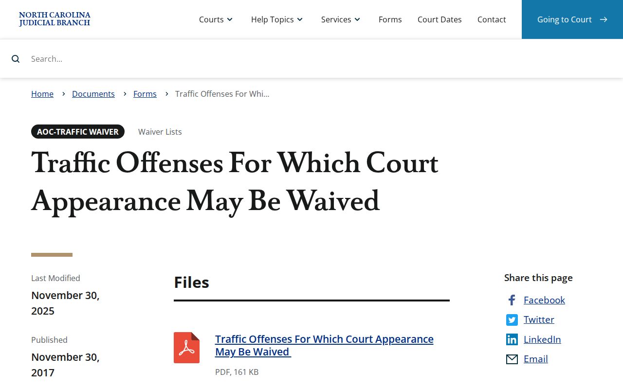 North Carolina waivable traffic offense list used as a statewide reference rather than individual ticket authorization