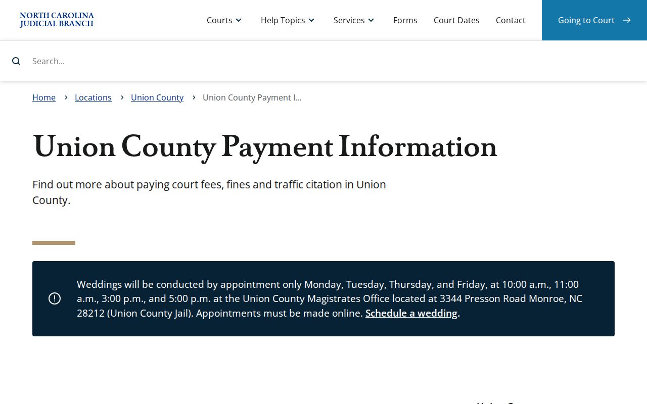 Union County Judicial Branch payment information for eligible court matters